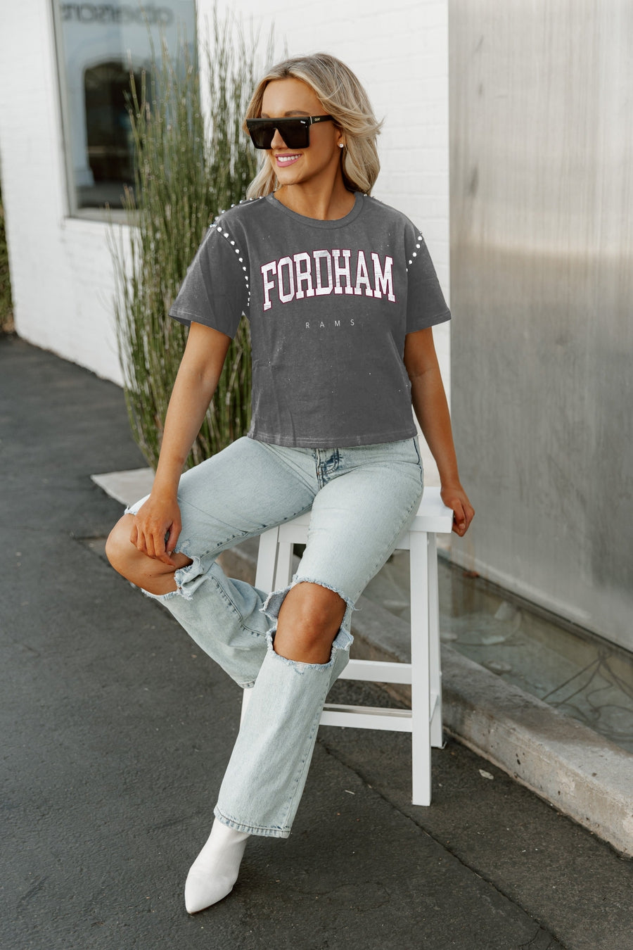 FORDHAM RAMS AFTER PARTY STUDDED SHORT SLEEVE MODERATELY CROPPED TEE