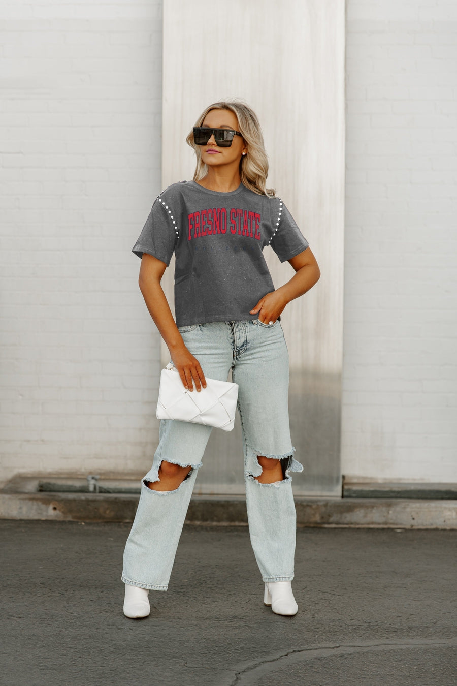 FRESNO STATE BULLDOGS AFTER PARTY STUDDED SHORT SLEEVE MODERATELY CROPPED TEE