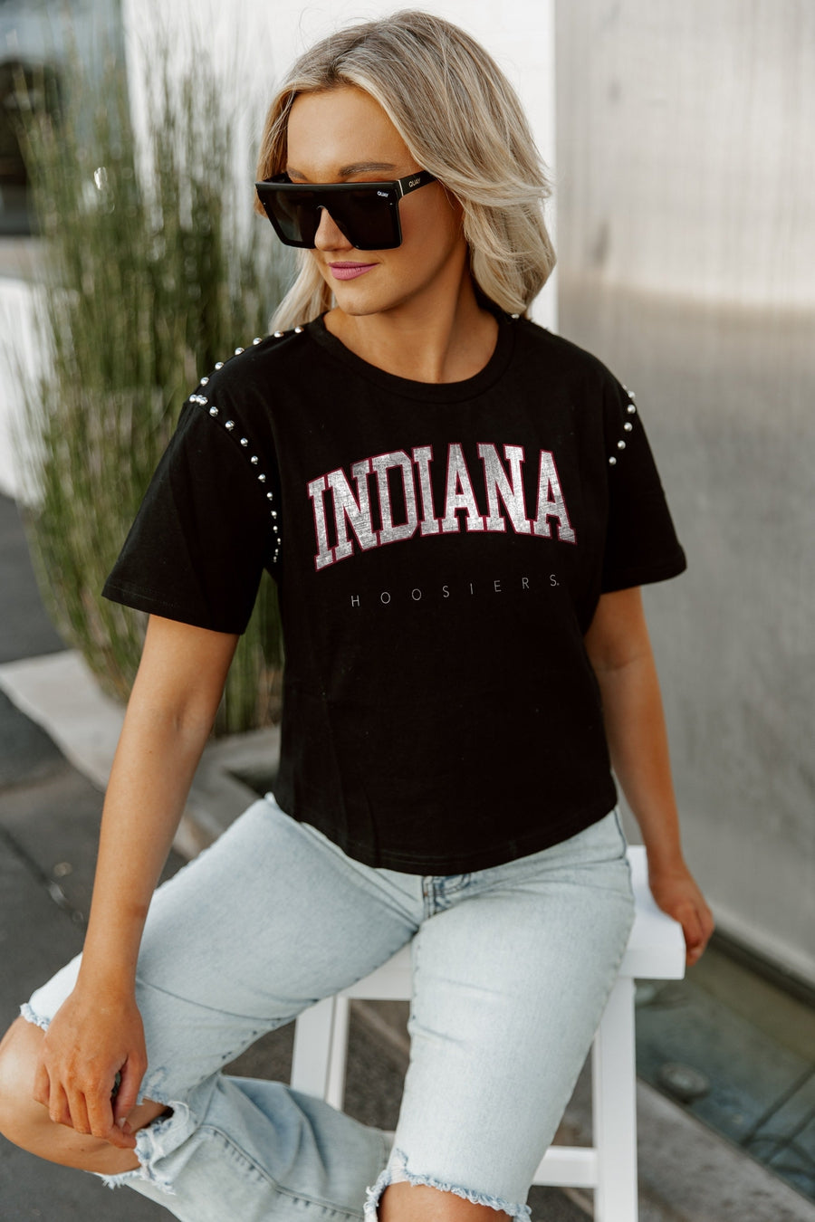 INDIANA HOOSIERS AFTER PARTY STUDDED SHORT SLEEVE MODERATELY CROPPED TEE