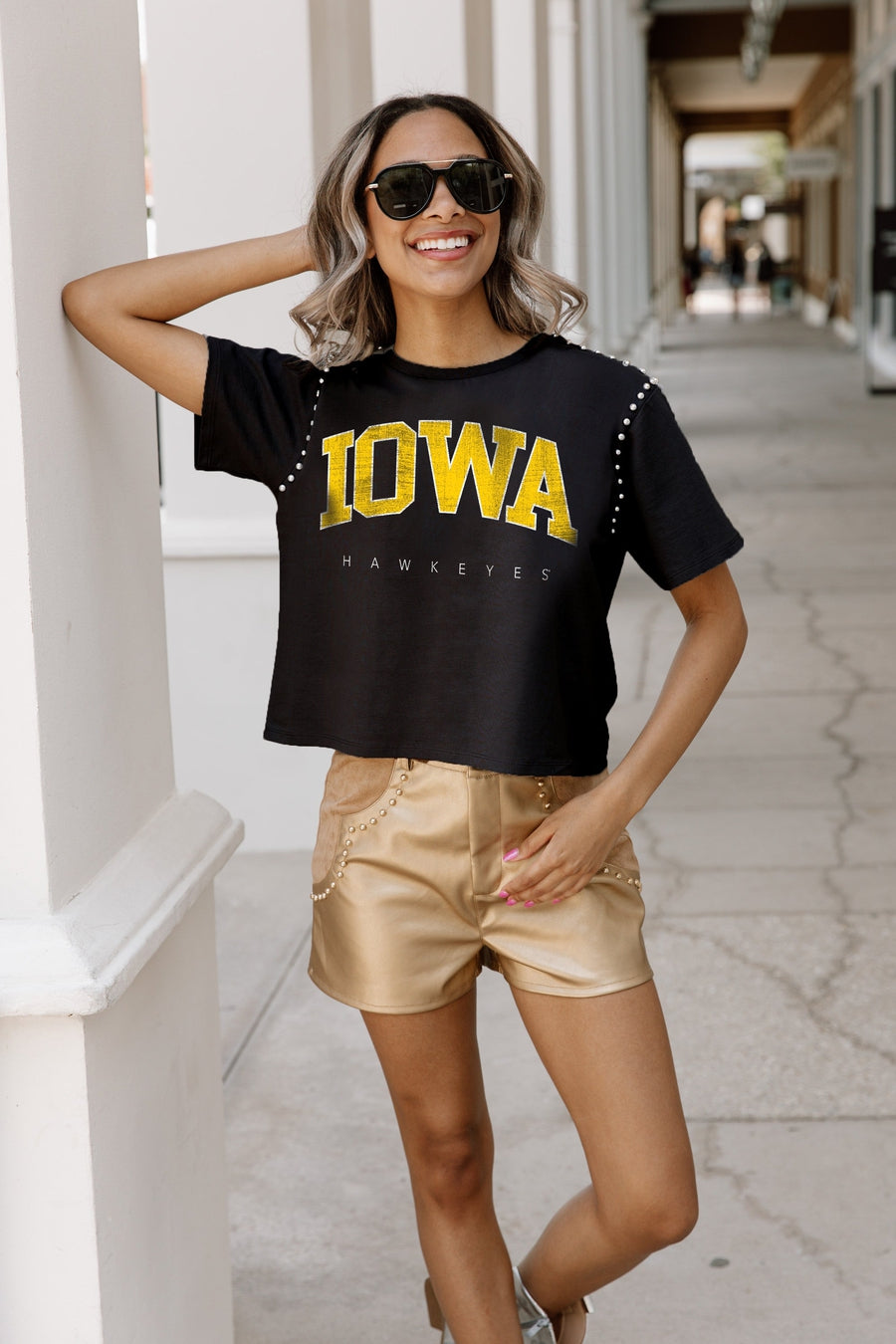 IOWA HAWKEYES AFTER PARTY STUDDED SHORT SLEEVE MODERATELY CROPPED TEE