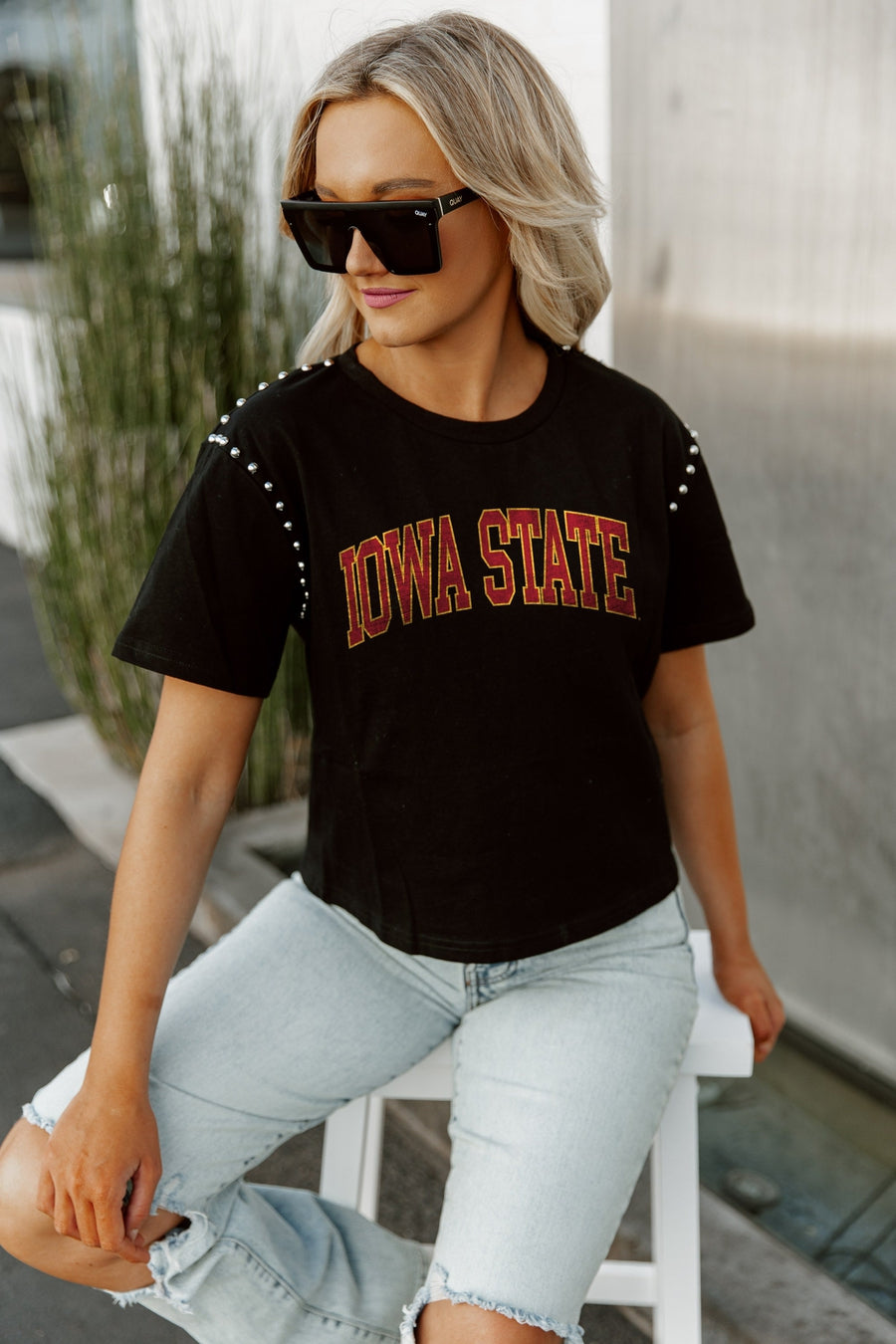 IOWA STATE CYCLONES AFTER PARTY STUDDED SHORT SLEEVE MODERATELY CROPPED TEE