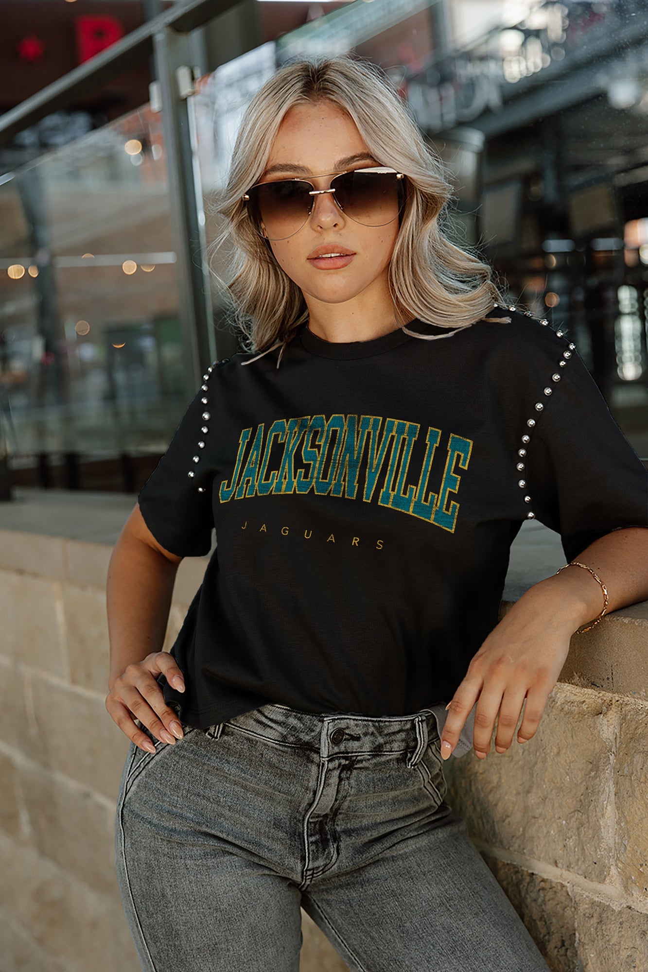 Jacksonville Jaguars Gameday Couture Women's Elite Elegance Studded Sleeve  Cropped T-Shirt - Black