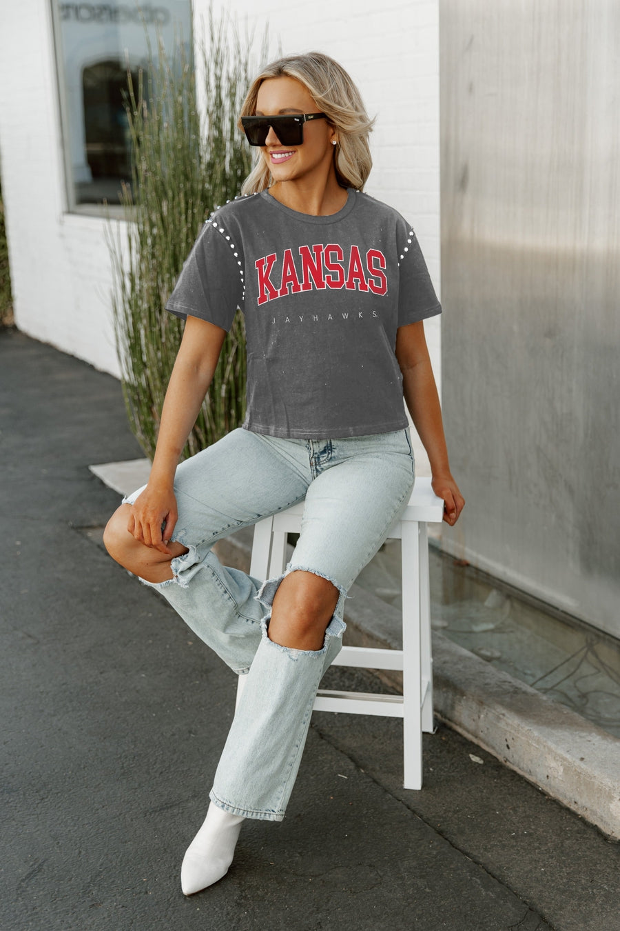 KANSAS JAYHAWKS AFTER PARTY STUDDED SHORT SLEEVE MODERATELY CROPPED TEE