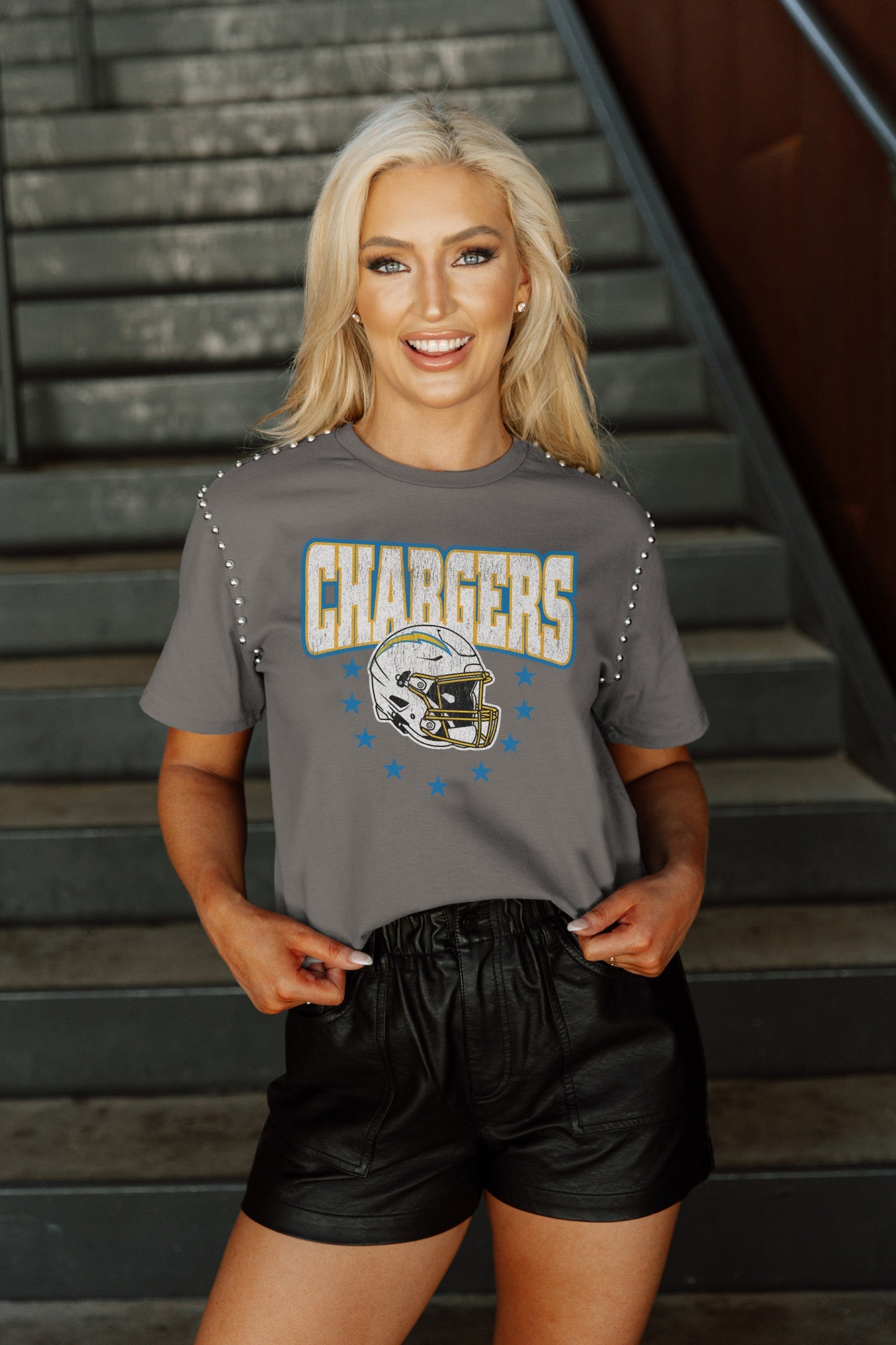 Women's Gameday Couture Gray Los Angeles Chargers Gladiator Studded Sleeve Cropped T-Shirt Size: Medium