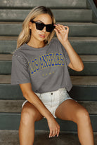 LOS ANGELES RAMS ELITE ELEGANCE STUDDED SLEEVE DETAIL MODERATE LENGTH SHORT SLEEVE CROPPED TEE