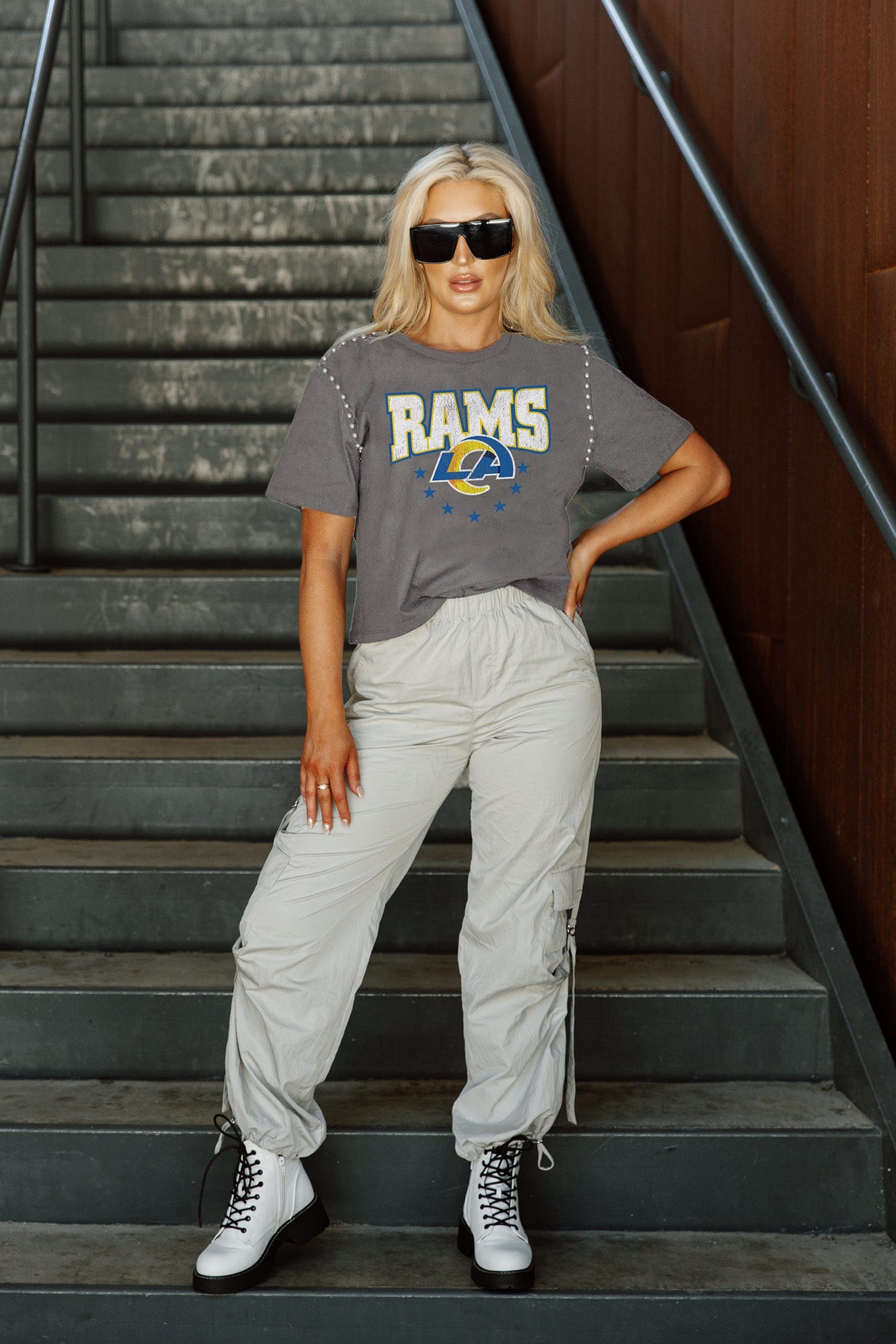 Women's Gameday Couture Gray Los Angeles Rams Gladiator Studded Sleeve Cropped T-Shirt Size: Medium