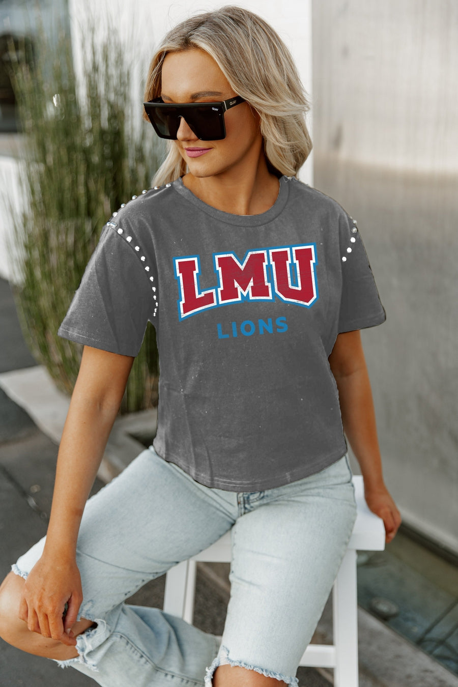 LOYOLA MARYMOUNT LIONS AFTER PARTY STUDDED SHORT SLEEVE MODERATELY CROPPED TEE