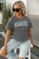 MICHIGAN STATE SPARTANS AFTER PARTY STUDDED SHORT SLEEVE MODERATELY CROPPED TEE