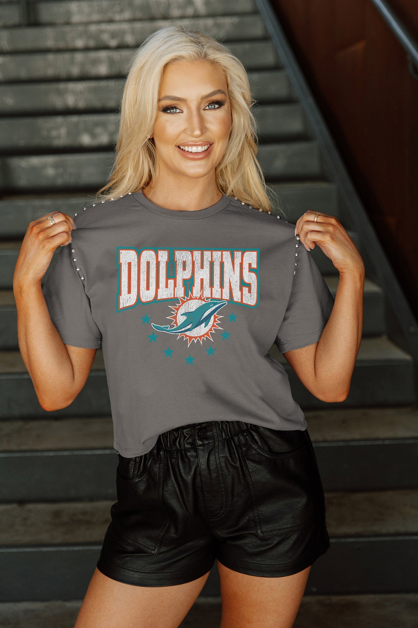 MIAMI DOLPHINS GLADIATOR STUDDED SLEEVE DETAIL MODERATE LENGTH SHORT SLEEVE  CROPPED TEE