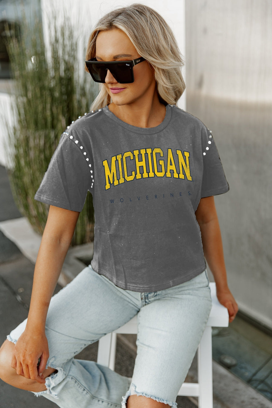 MICHIGAN WOLVERINES AFTER PARTY STUDDED SHORT SLEEVE MODERATELY CROPPED TEE