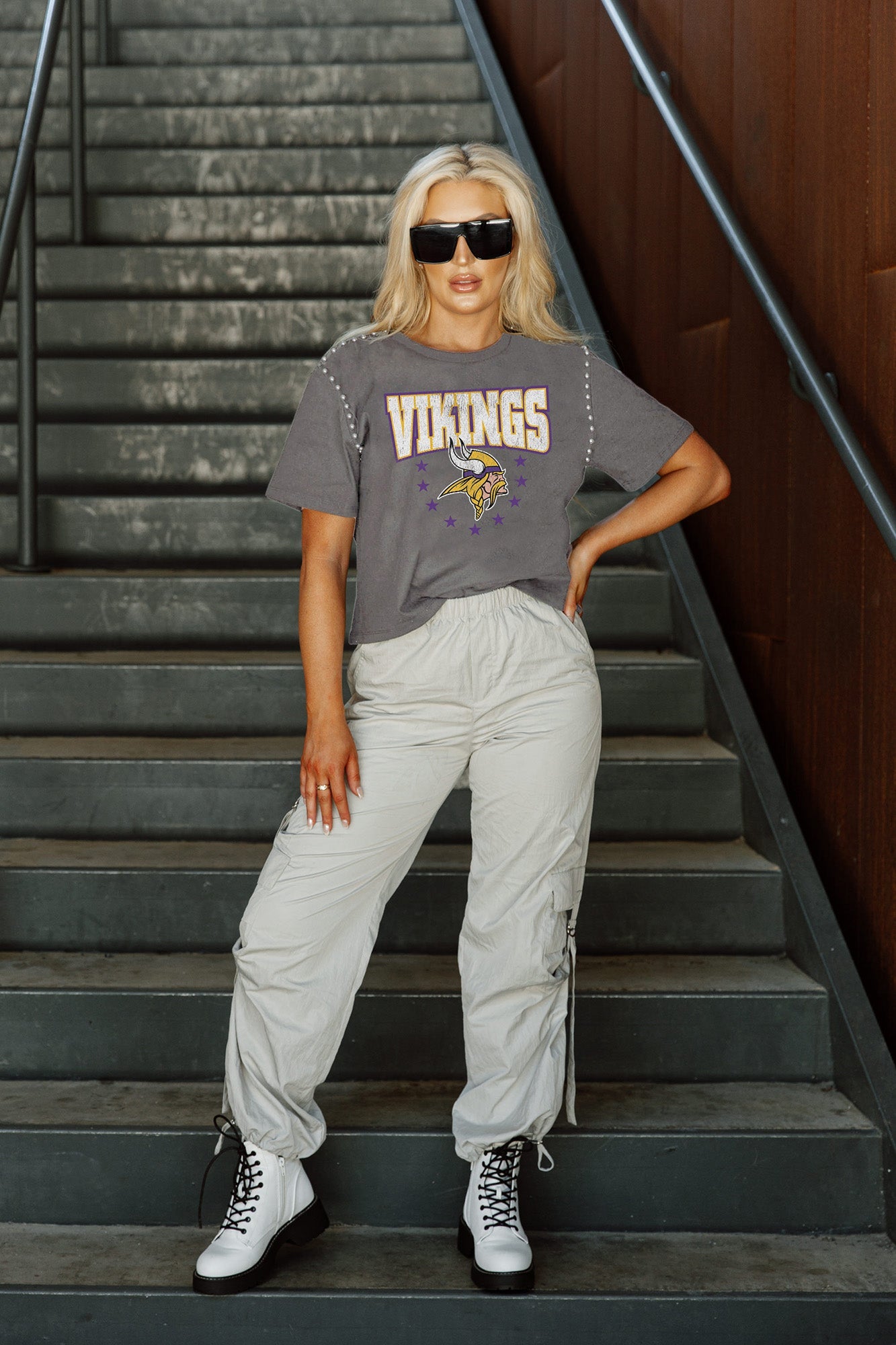 GC x NFL Minnesota Vikings Elite Elegance Studded Sleeve Detail Moderate Length Short Sleeve Cropped Tee S / Black