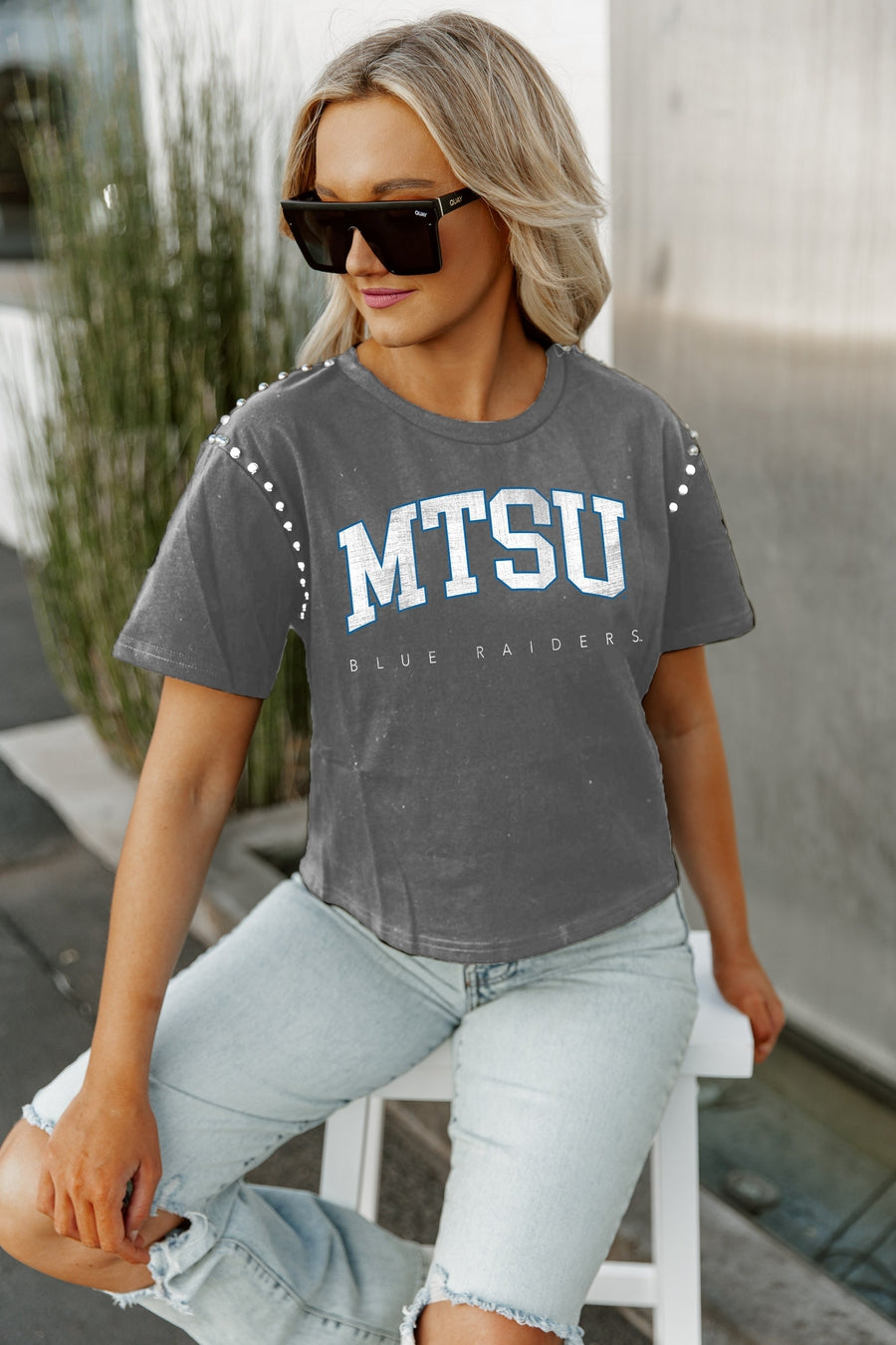 MIDDLE TENNESSEE STATE BLUE RAIDERS AFTER PARTY STUDDED SHORT SLEEVE MODERATELY CROPPED TEE