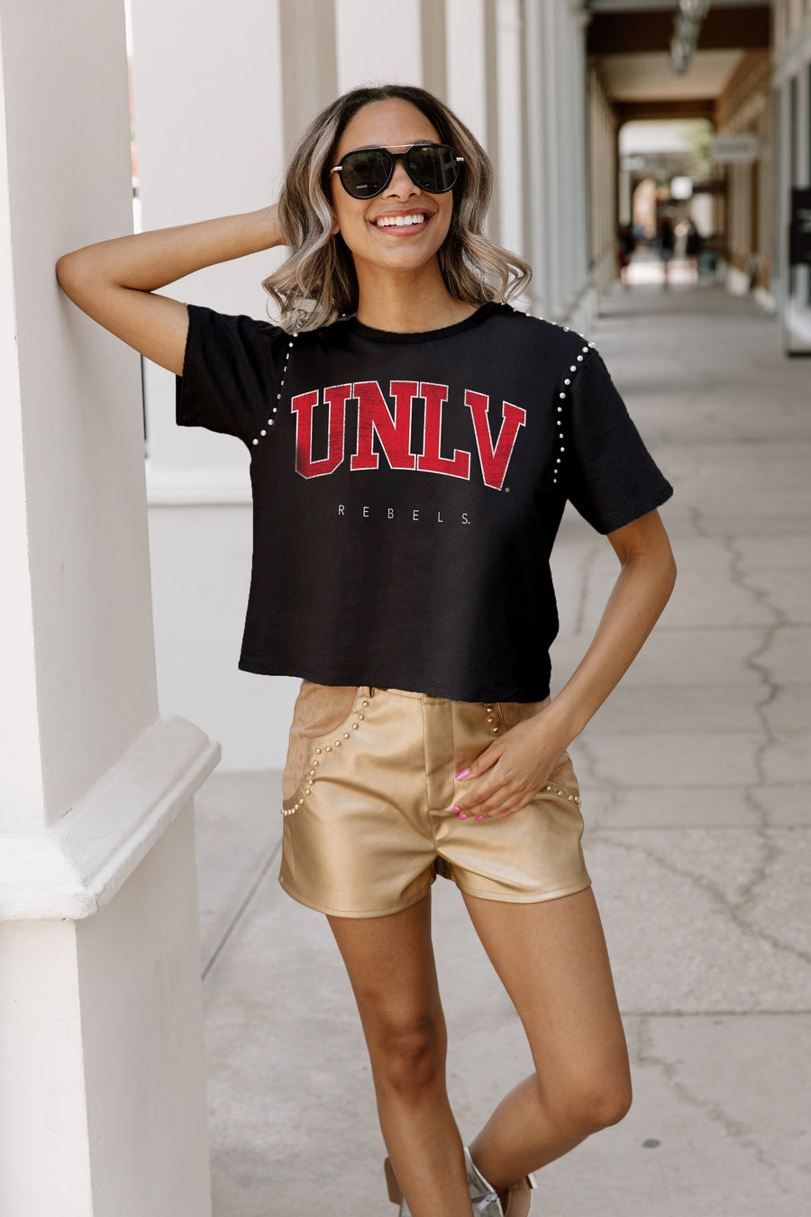 UNLV REBELS AFTER PARTY STUDDED SHORT SLEEVE MODERATELY CROPPED TEE