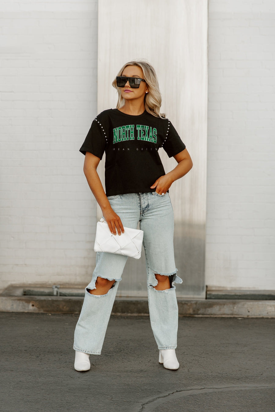 NORTH TEXAS MEAN GREEN AFTER PARTY STUDDED SHORT SLEEVE MODERATELY CROPPED TEE