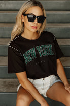 NEW YORK JETS ELITE ELEGANCE STUDDED SLEEVE DETAIL MODERATE LENGTH SHORT SLEEVE CROPPED TEE