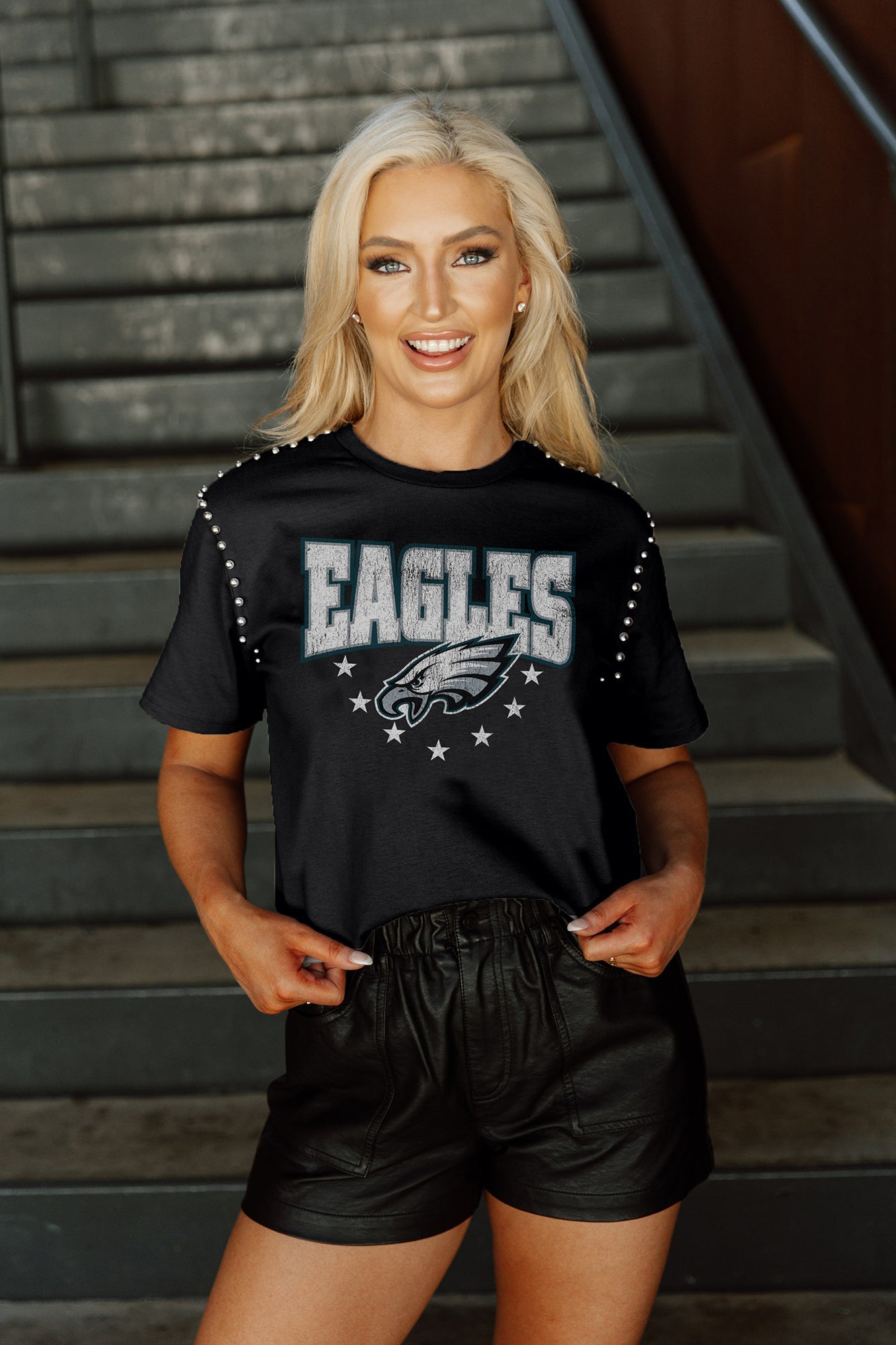 Women's Gameday Couture Black Philadelphia Eagles Gladiator Studded Sleeve Cropped T-Shirt Size: Large