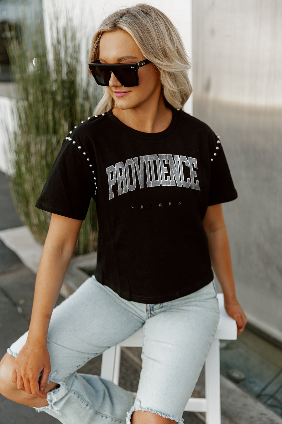 PROVIDENCE FRIARS AFTER PARTY STUDDED SHORT SLEEVE MODERATELY CROPPED TEE