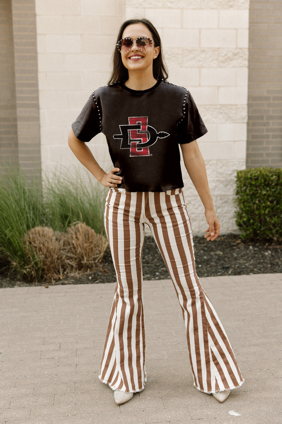 SAN DIEGO STATE AZTECS GAMEDAY GALORE  STUDDED SHORT SLEEVE MODERATELY CROPPED TEE