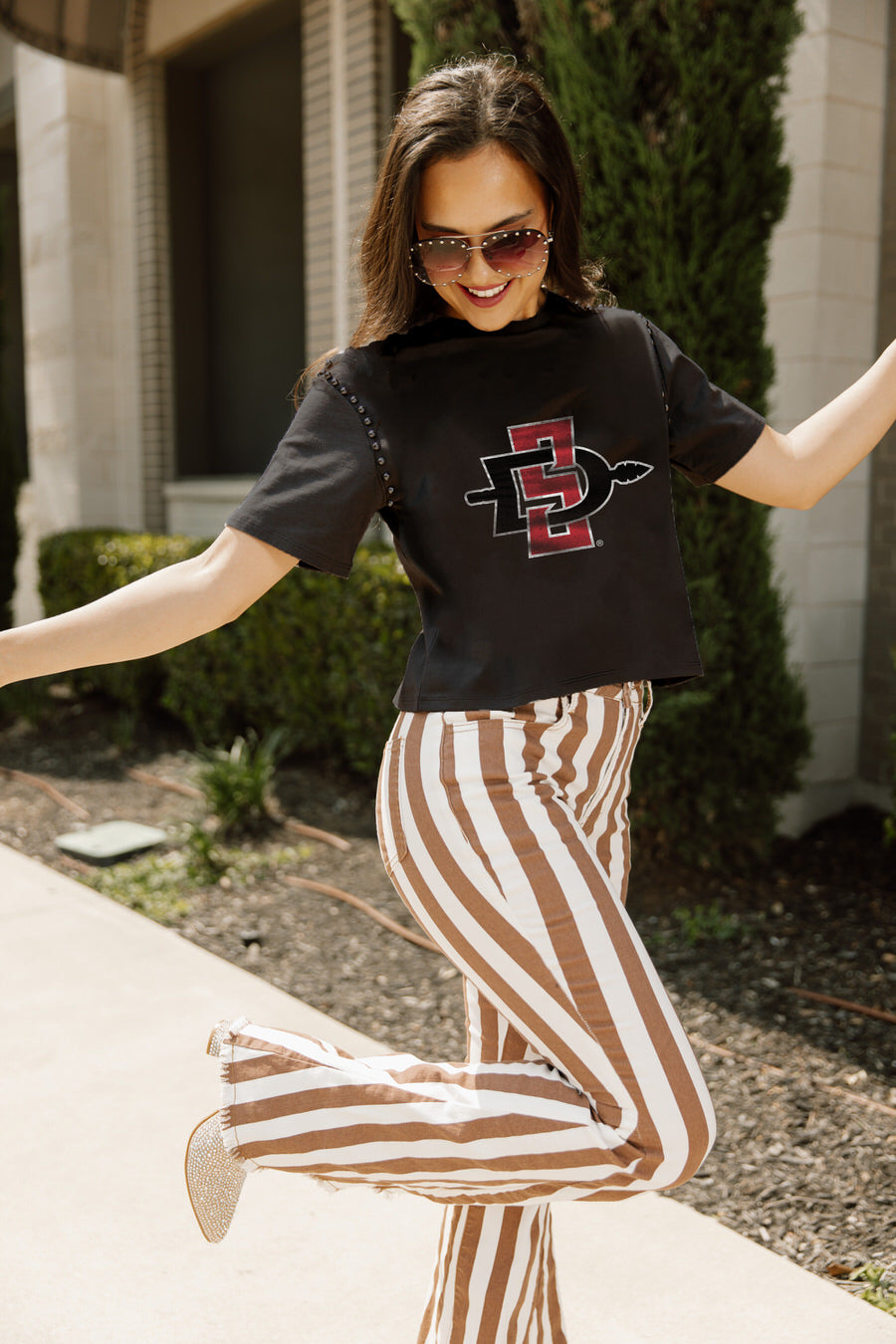 SAN DIEGO STATE AZTECS GAMEDAY GALORE  STUDDED SHORT SLEEVE MODERATELY CROPPED TEE