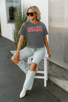 SMU MUSTANGS AFTER PARTY STUDDED SHORT SLEEVE MODERATELY CROPPED TEE