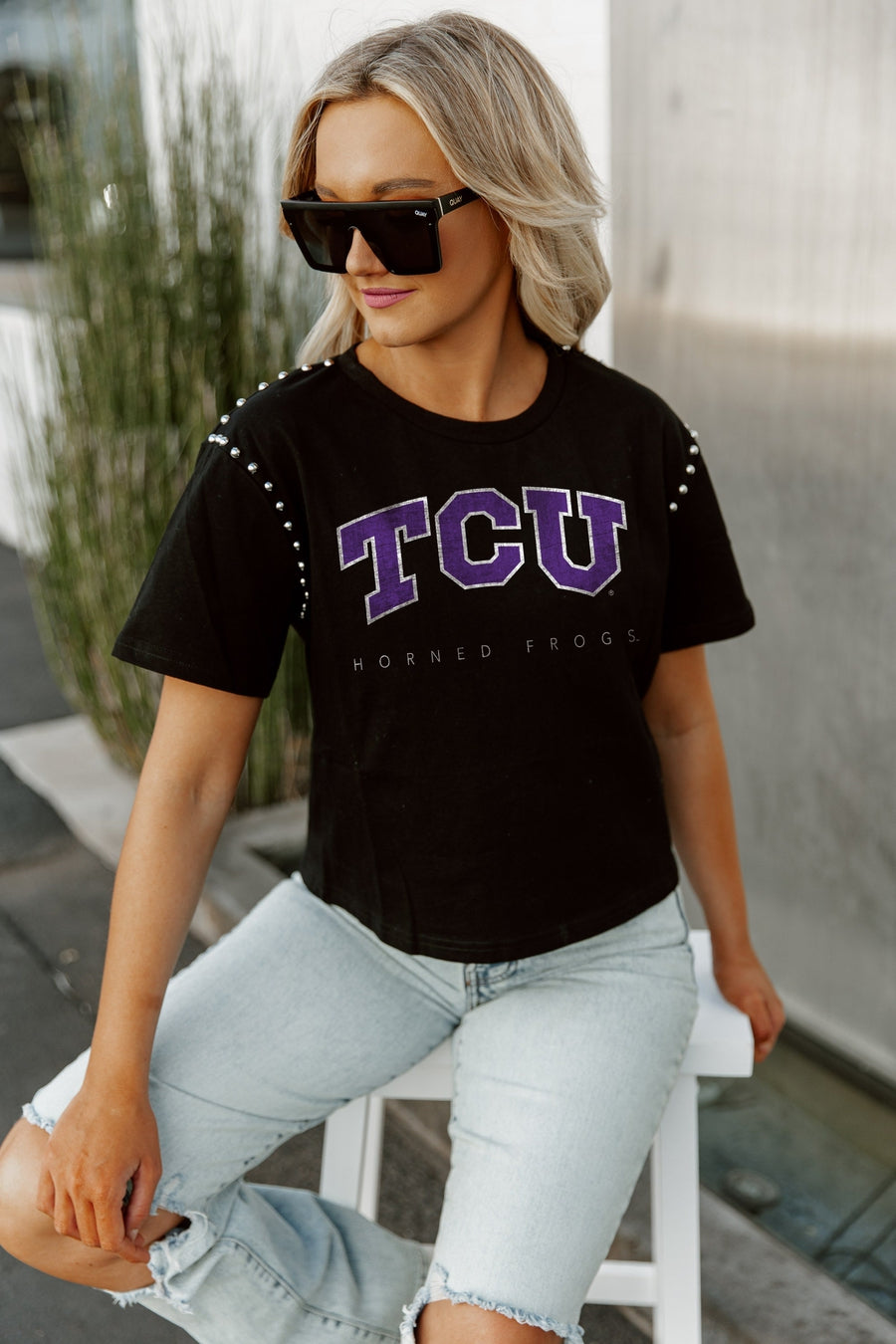 TCU HORNED FROGS AFTER PARTY STUDDED SHORT SLEEVE MODERATELY CROPPED TEE