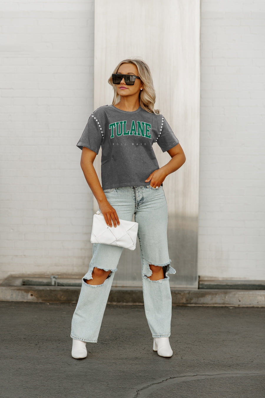 TULANE GREEN WAVE AFTER PARTY STUDDED SHORT SLEEVE MODERATELY CROPPED TEE