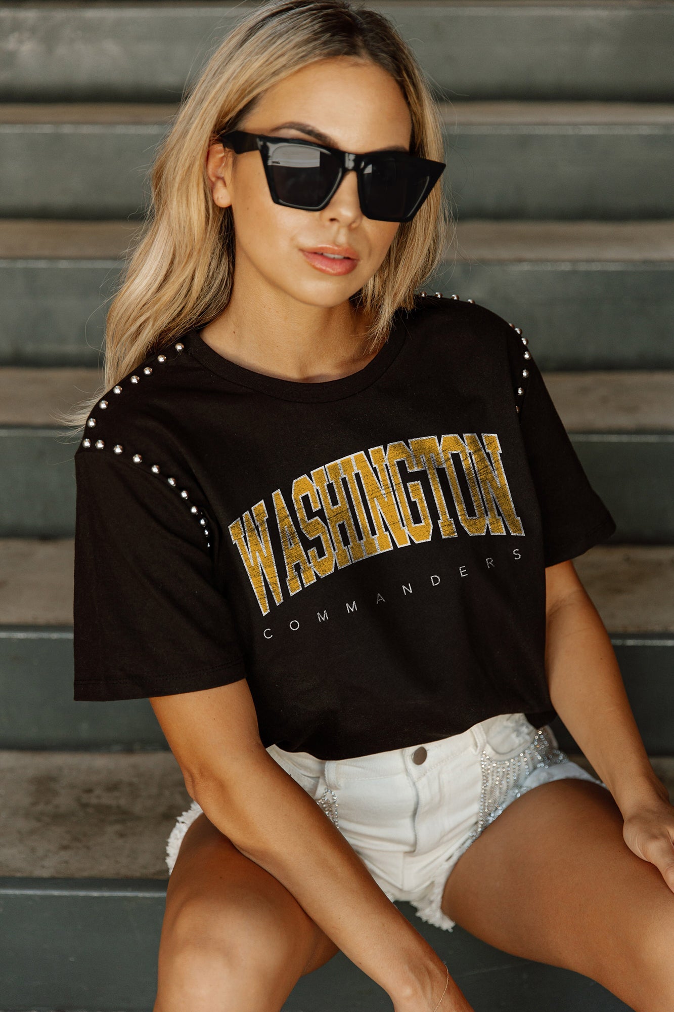 WASHINGTON COMMANDERS GRIDIRON GLAM SHORT SLEEVE CROP TEE WITH SPORT STRIPE  DETAIL