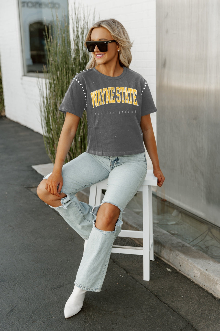 WAYNE STATE WARRIORS AFTER PARTY STUDDED SHORT SLEEVE MODERATELY CROPPED TEE