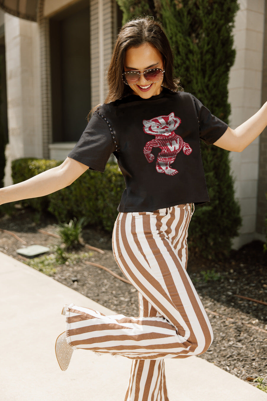 WISCONSIN BADGERS GAMEDAY GALORE  STUDDED SHORT SLEEVE MODERATELY CROPPED TEE