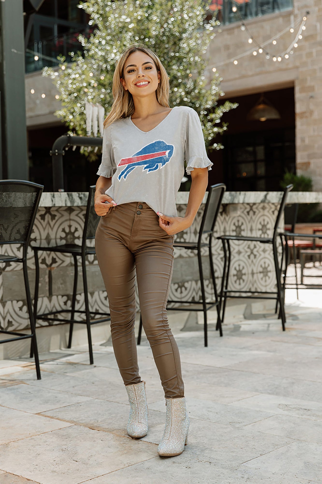 BUFFALO BILLS VALKYRIE SHORT SLEEVE RUFFLE SLEEVE SLUB KNIT TOP