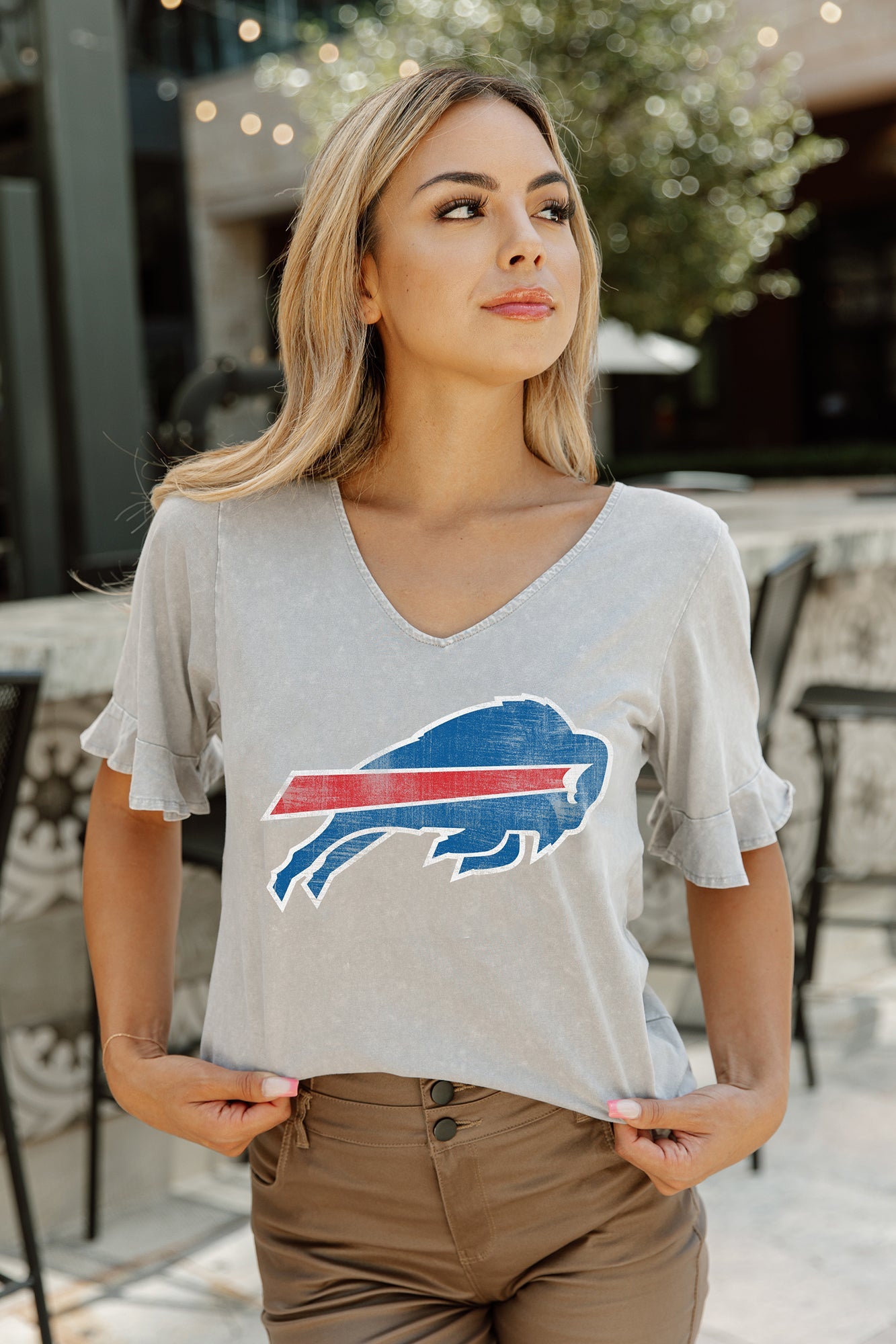 BUFFALO BILLS VALKYRIE SHORT SLEEVE RUFFLE SLEEVE SLUB KNIT TOP