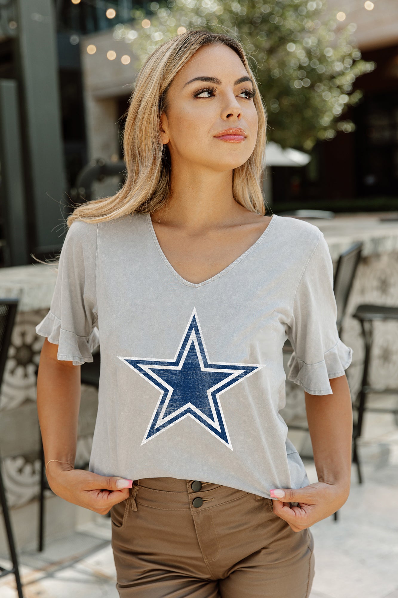 Women's Gameday Couture Gray Dallas Cowboys Field Finesse Ruffle Sleeve  V-Neck T-Shirt