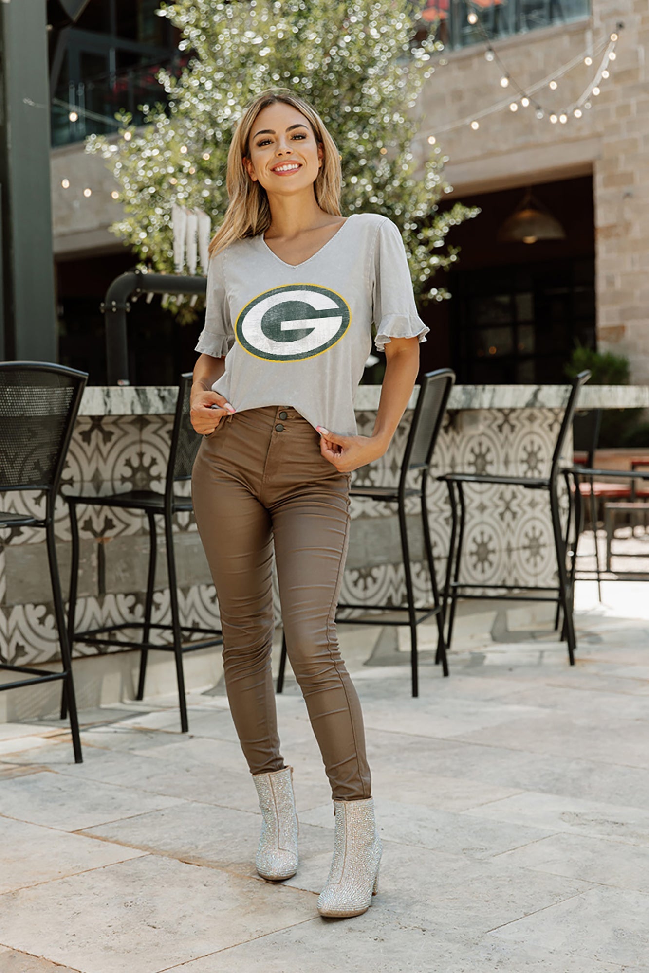 Green Bay Packers Gameday Couture Women's Field Finesse Ruffle Sleeve  V-Neck T-Shirt - Gray