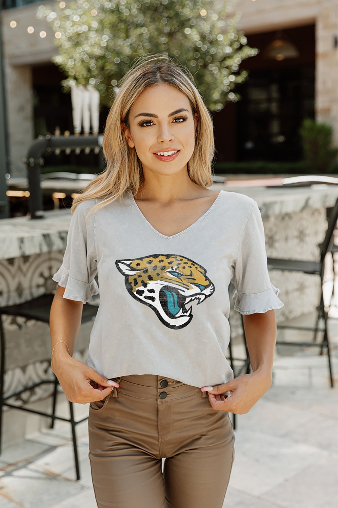 Women's Jacksonville Jaguars Gameday Couture Gray Field Finesse Ruffle  Sleeve V-Neck T-Shirt