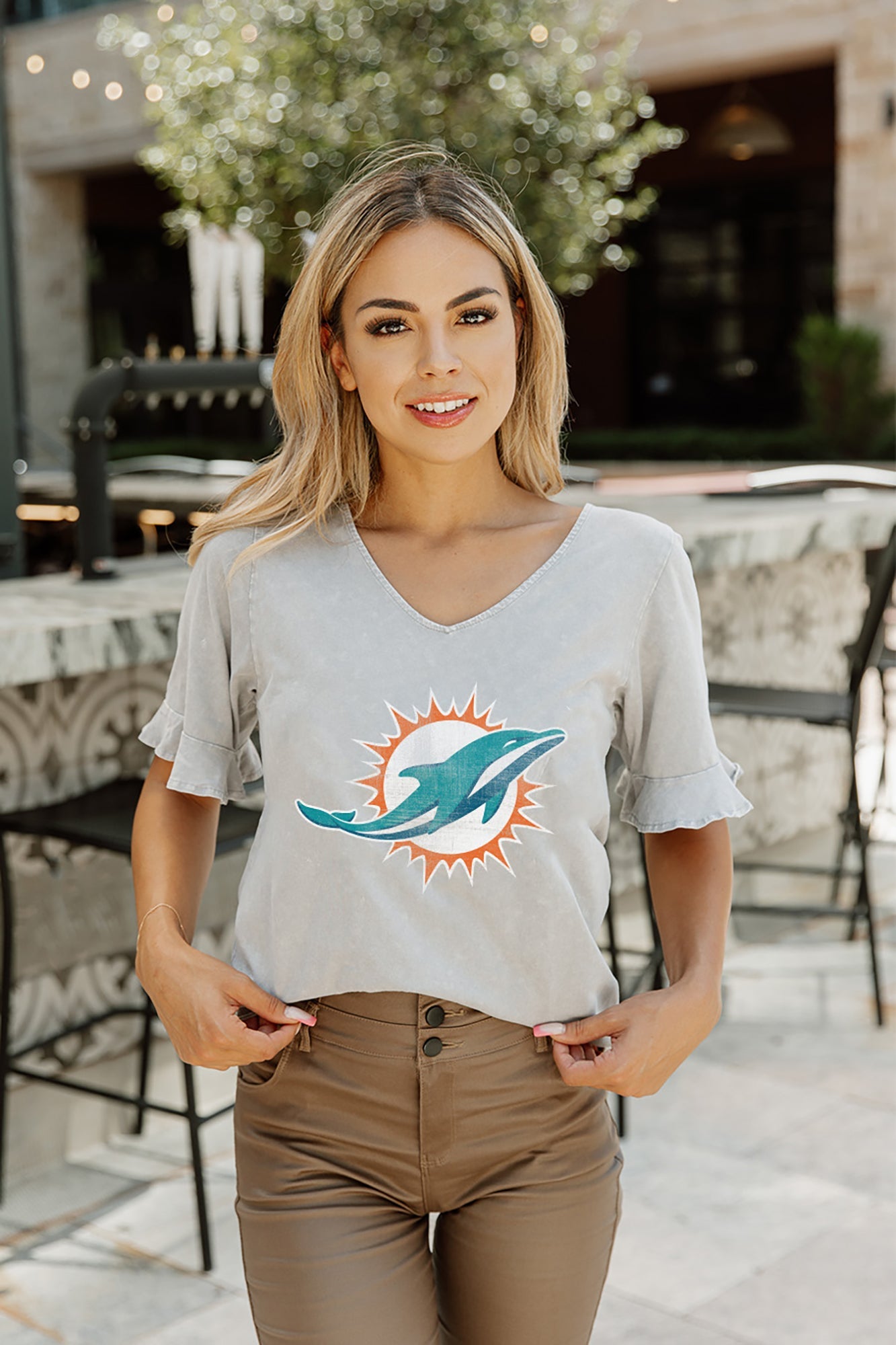 MIAMI DOLPHINS VALKYRIE SHORT SLEEVE RUFFLE SLEEVE SLUB KNIT TOP