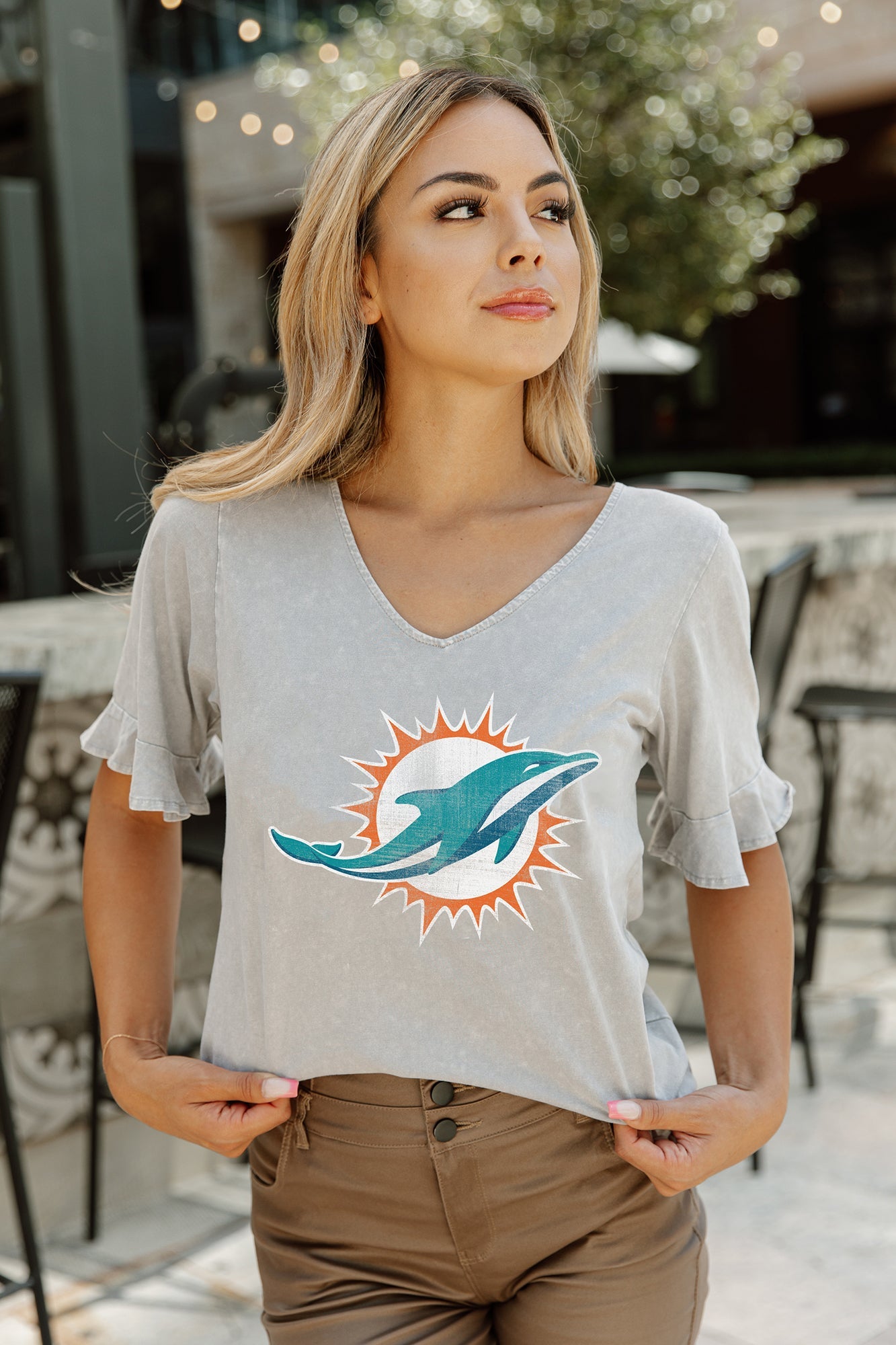 MIAMI DOLPHINS VALKYRIE SHORT SLEEVE RUFFLE SLEEVE SLUB KNIT TOP