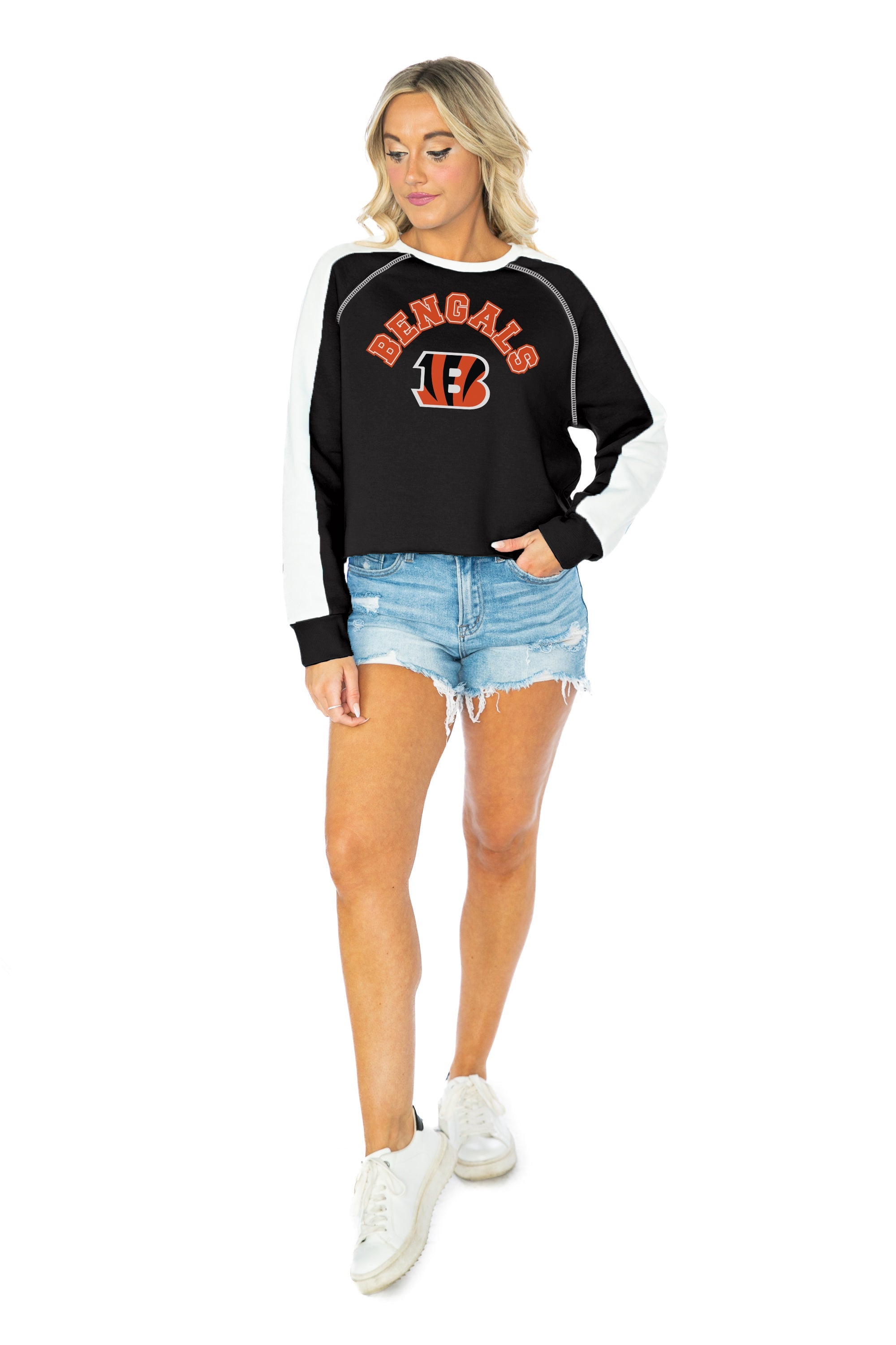 Women's Gameday Couture Black/White Cincinnati Bengals Take The Field Tri-Color Block Fleece Pullover Hoodie Size: Small