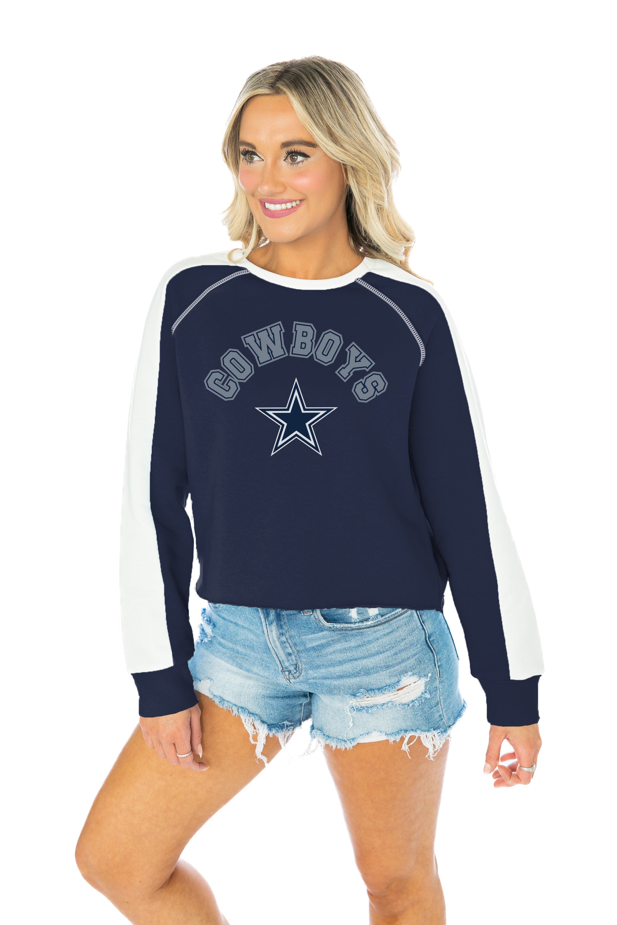 Women's Gameday Couture Navy/White Dallas Cowboys Take The Field Tri-Color  Block Fleece Pullover Hoodie