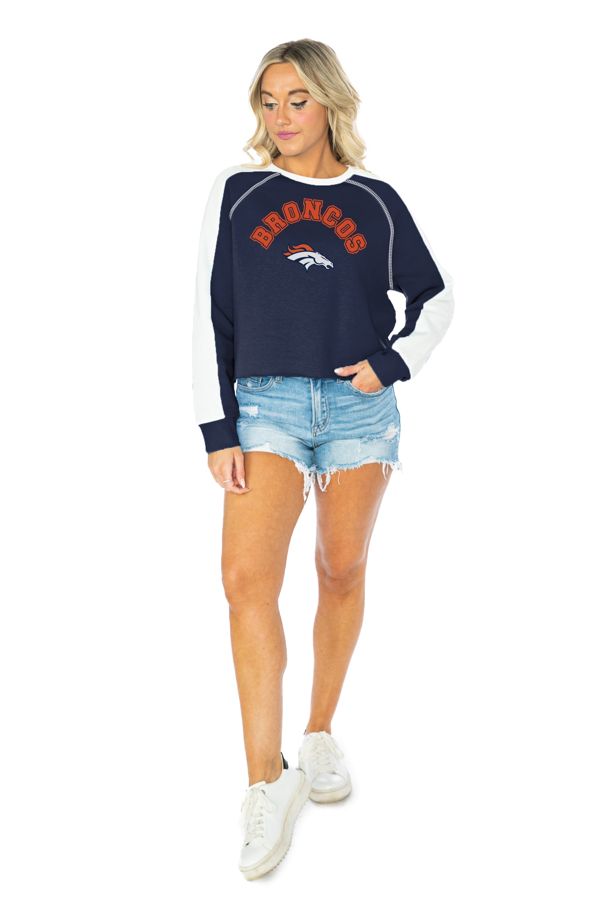 DENVER BRONCOS TOUCHDOWN FRENCH TERRY VINTAGE WASH STUDDED SHOULDER DETAIL  LONG SLEEVE PULLOVER