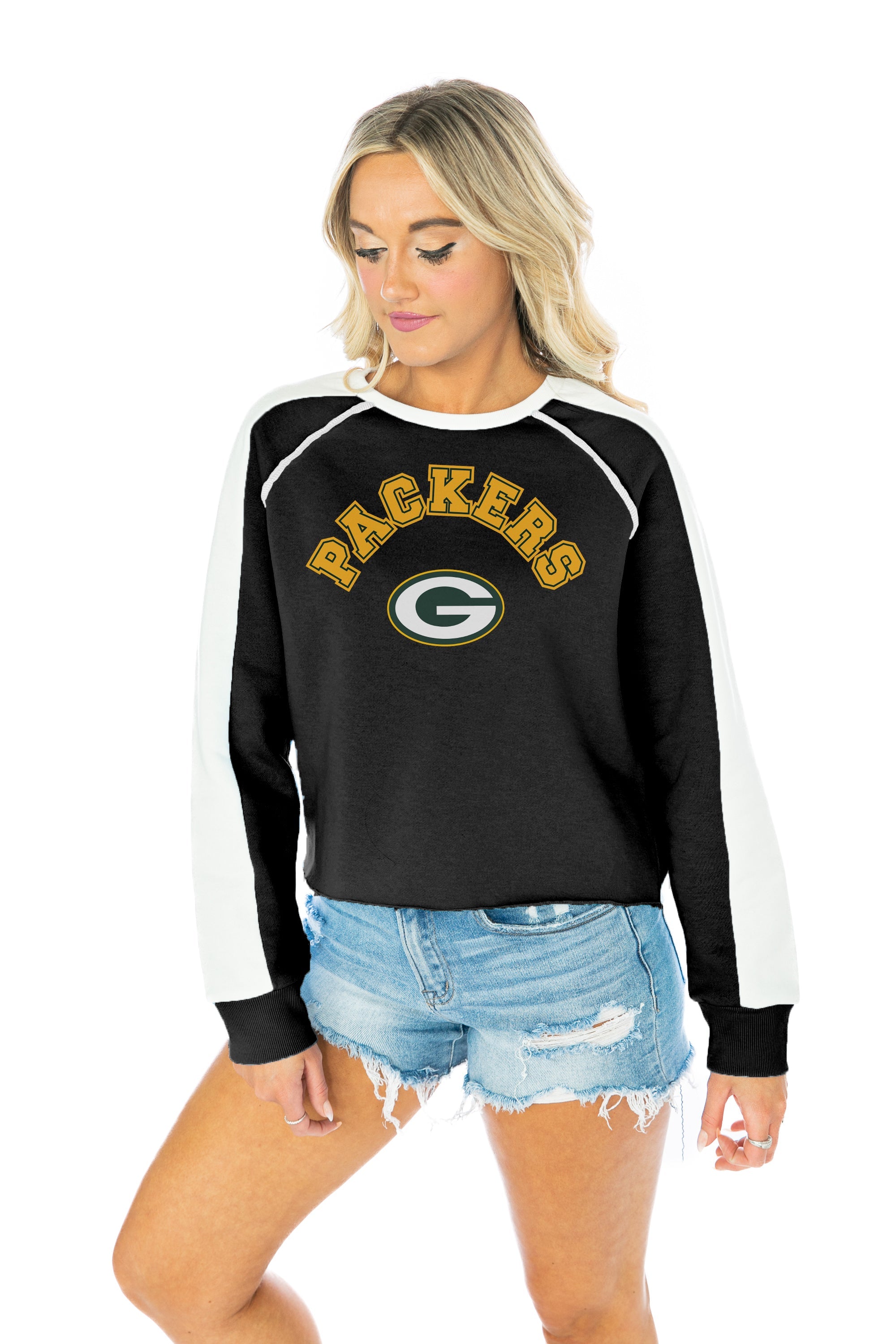 GREEN BAY PACKERS COUTURE CREW FRENCH TERRY VINTAGE WASH STUDDED SHOUL