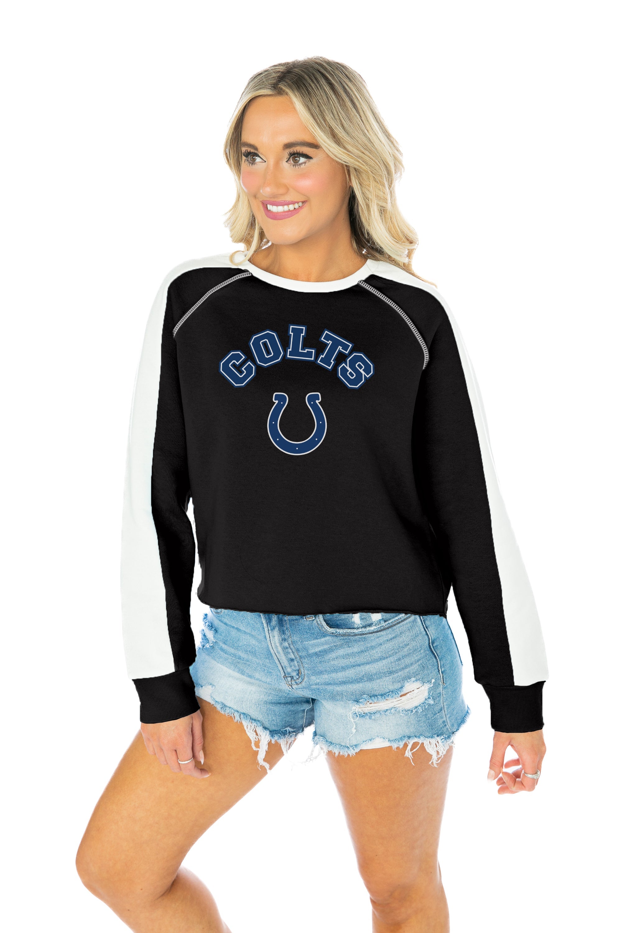 INDIANAPOLIS COLTS GLADIATOR STUDDED SLEEVE DETAIL MODERATE LENGTH SHORT  SLEEVE CROPPED TEE