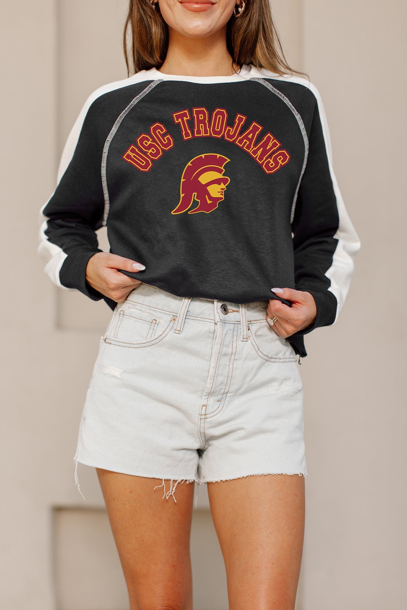 USC TROJANS BLINDSIDE CONTRAST DETAIL CROPPED PULLOVER BY MADI PREWETT