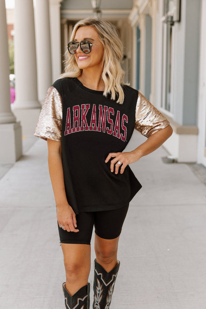 ARKANSAS RAZORBACKS SHINE ON SEQUIN SLEEVE DETAIL TOP – Gameday Couture