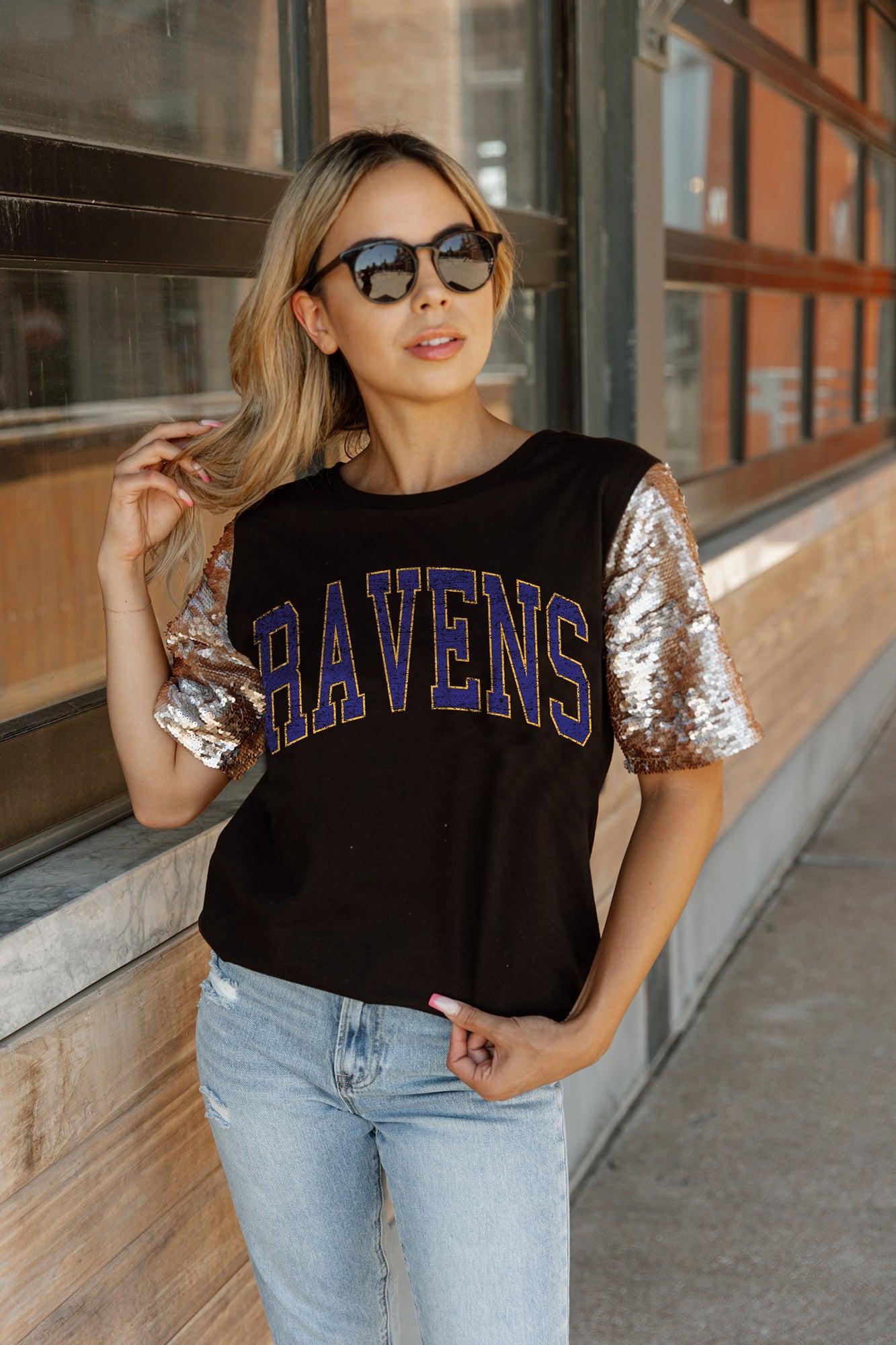 Women's Gameday Couture Black Baltimore Ravens Elite Elegance Studded Sleeve Cropped T-Shirt Size: Medium