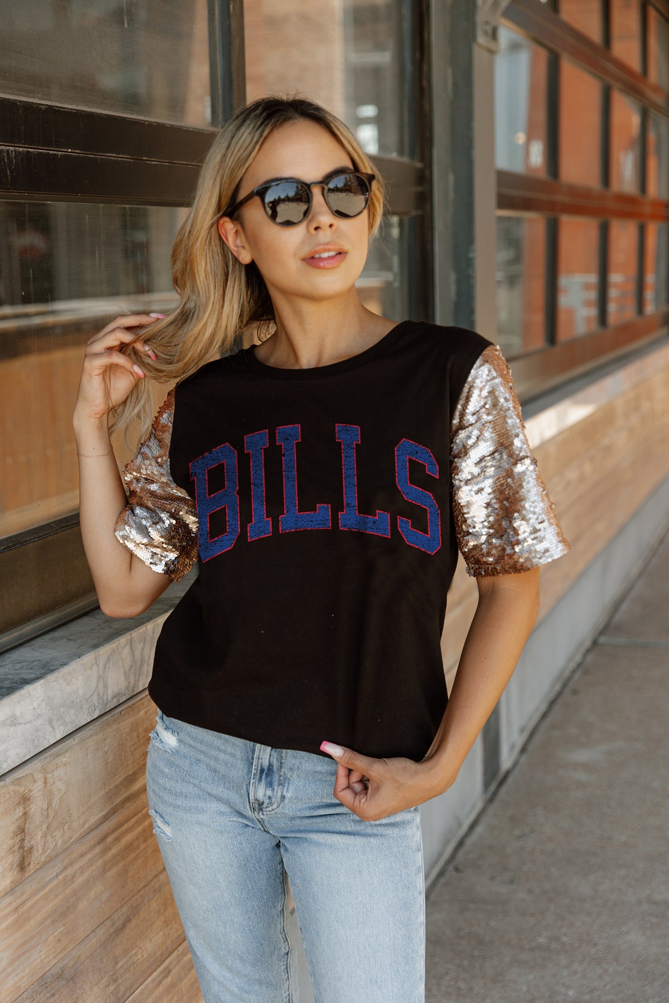 BUFFALO BILLS TOUCHDOWN FRENCH TERRY VINTAGE WASH STUDDED SHOULDER DETAIL  LONG SLEEVE PULLOVER