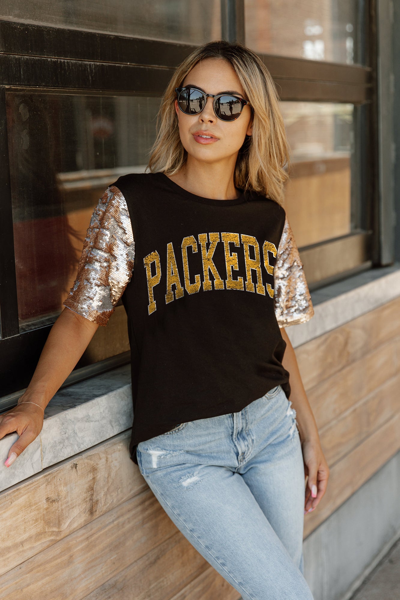 Women's Gameday Couture Gray Green Bay Packers Gladiator Studded Sleeve Cropped T-Shirt Size: Medium