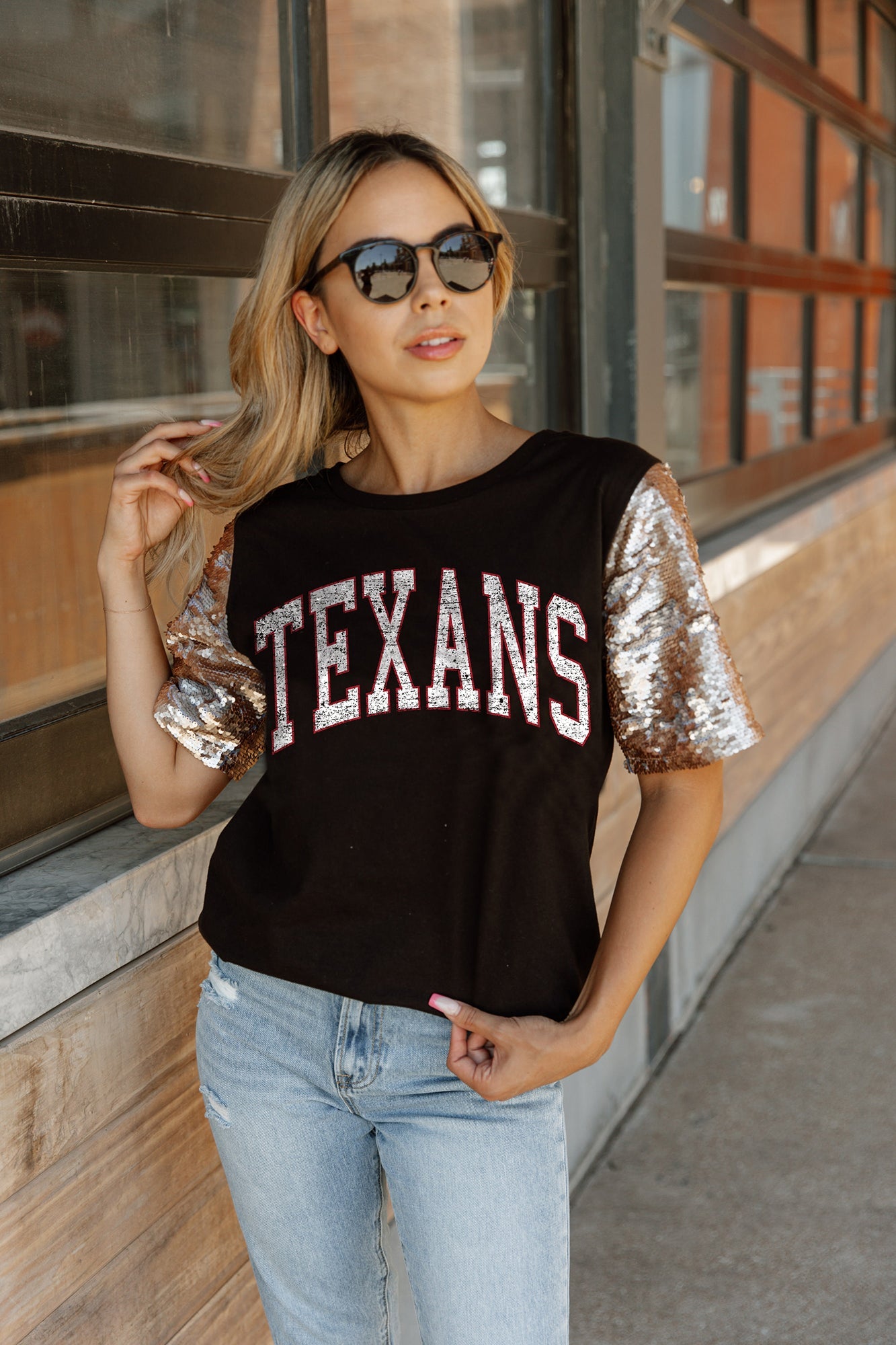 GC x NFL Houston Texans Gl Short Sleeve Top with Lined Flip-Sequin Sleeves L / Black