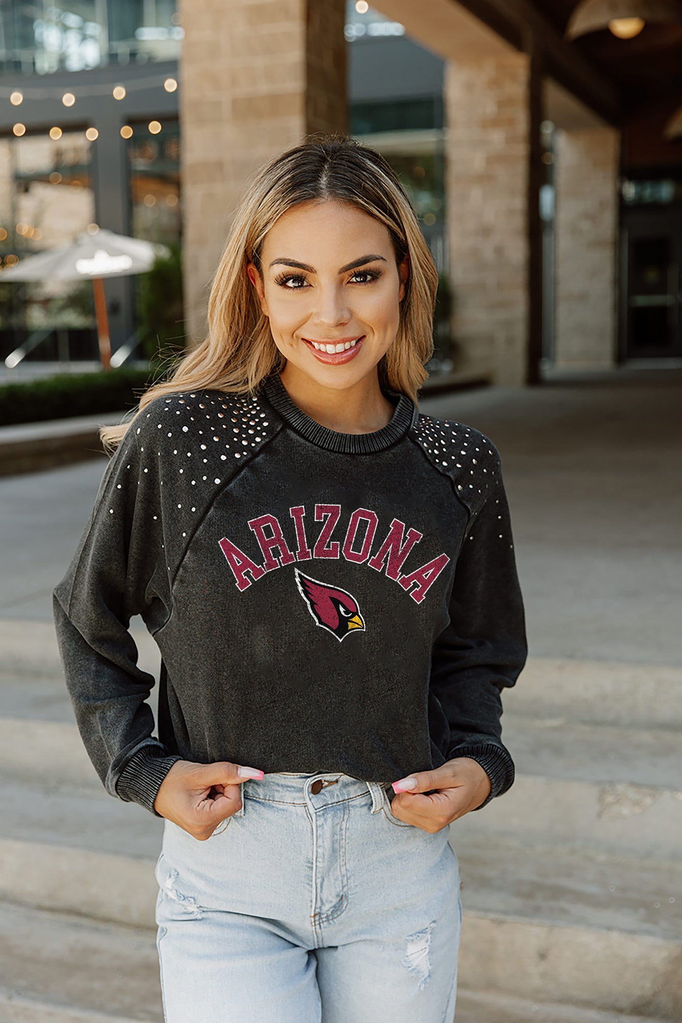 ARIZONA CARDINALS TOUCHDOWN FRENCH TERRY VINTAGE WASH STUDDED SHOULDER  DETAIL LONG SLEEVE PULLOVER