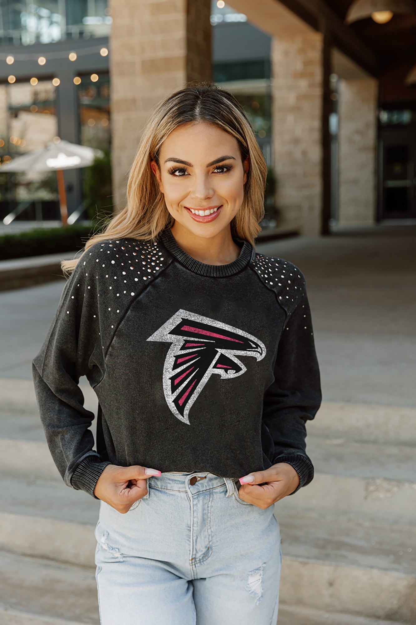 ATLANTA FALCONS COUTURE CREW FRENCH TERRY VINTAGE WASH STUDDED SHOULDER  DETAIL LONG SLEEVE PULLOVER