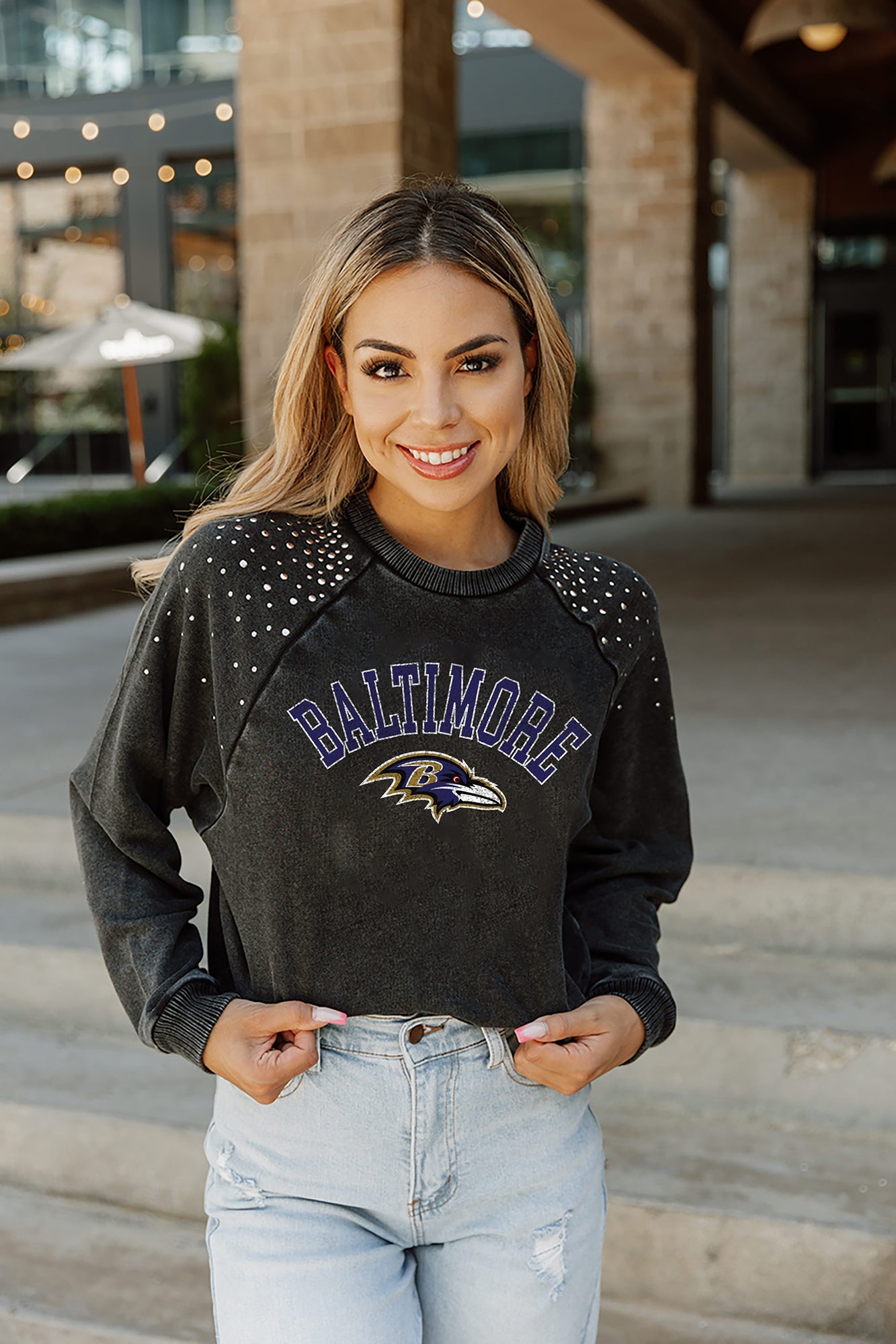 Women's Gameday Couture Charcoal Baltimore Ravens Touchdown French Terry Studded Shoulder Pullover Sweatshirt Size: Small